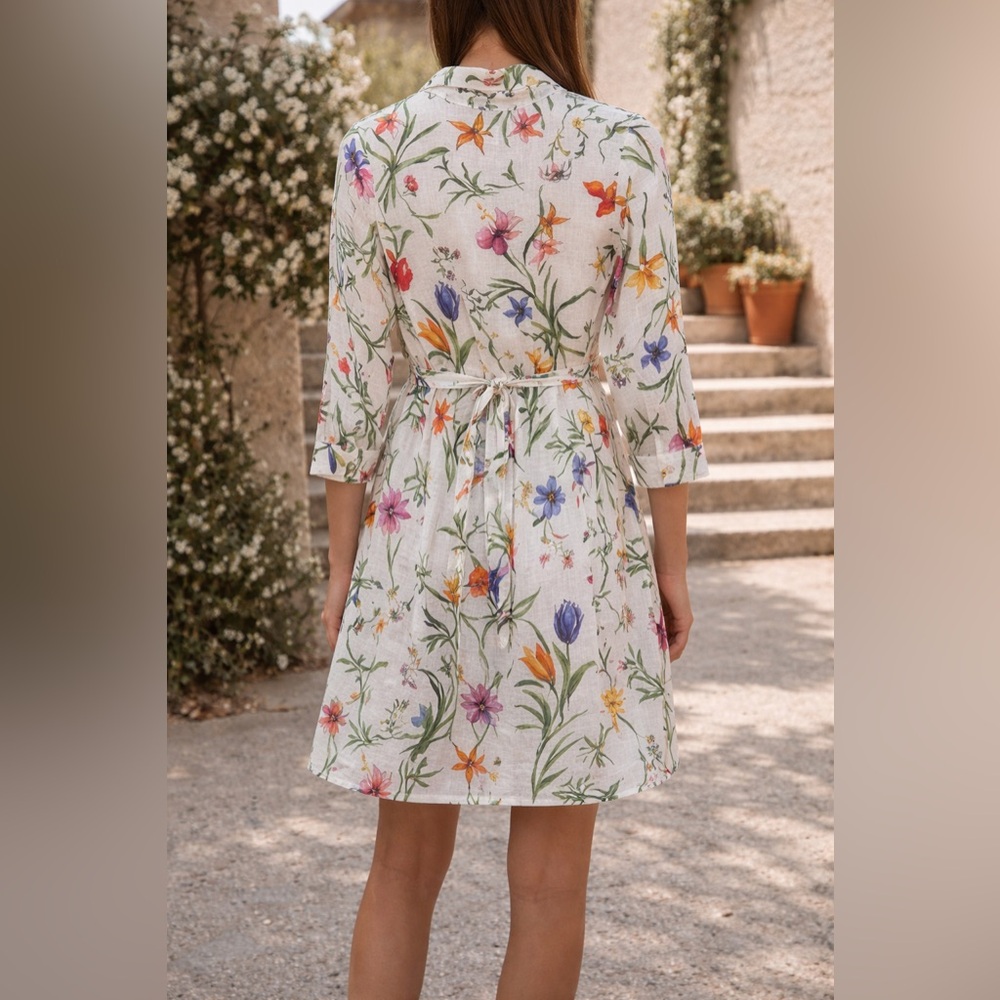 120% Lino Wildflower Linen Shirt Dress Belted Botanical Print XXS NWT - Picture 9 of 9